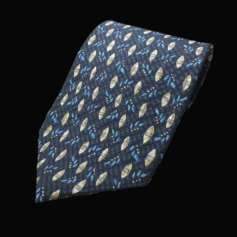 Kenneth Cole New York Mens Silk Tie Black Gold Blue Geometric Leaf Pattern